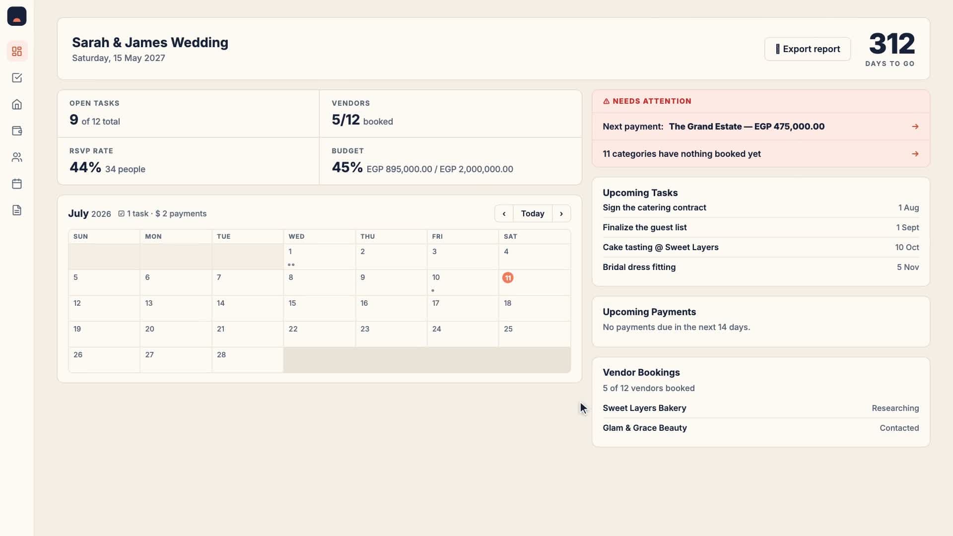 PlanTheDay dashboard showing countdown, budget summary and upcoming tasks
